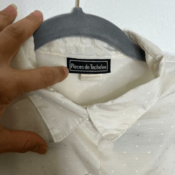 vtg 70s polka dot cream button up blouse statement puff‎ sleeves sheer Medium - Picture 6 of 12